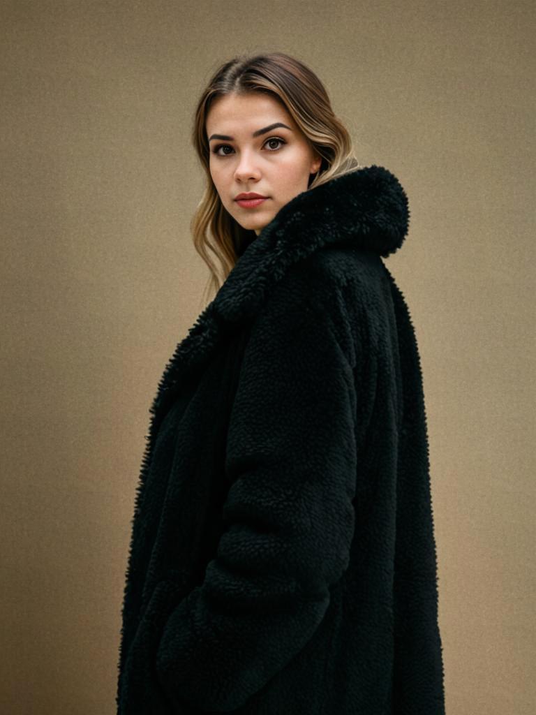 Stylish Woman in Black Faux Fur Coat