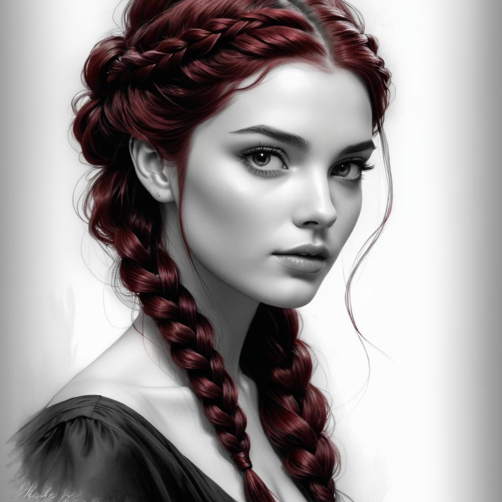 Woman with Braided Red Hair in Monochrome