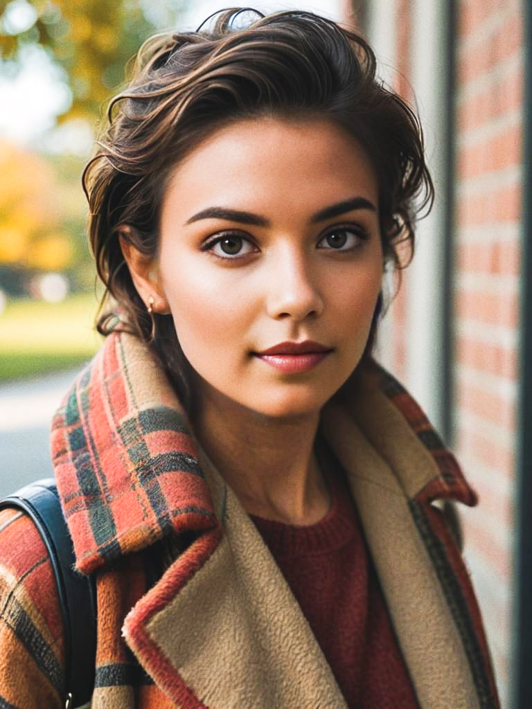 Stylish Young Woman in Plaid Coat Amid Autumn Colors