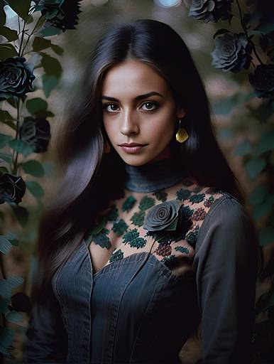 Moody Portrait of Woman in Floral Embroidered Dress with Dark Roses