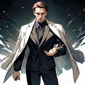 Confident Man in Black Suit with Flowing Coat - Anime Style