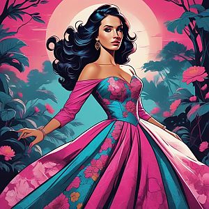Woman in Floral Gown with Tropical Background