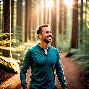 Cheerful man walking in a sunlit forest