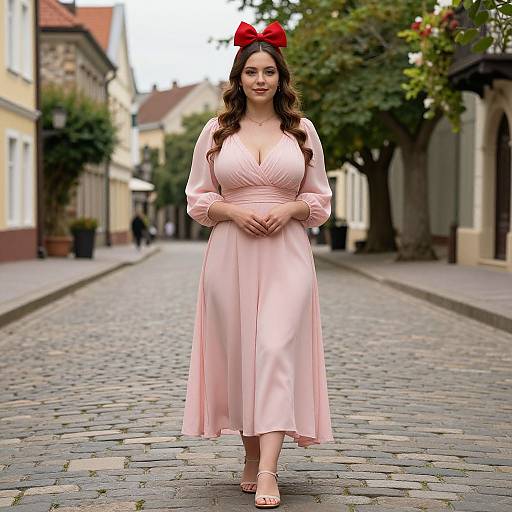 Woman Walking on Cobblestone Street in Pink Dress with Red Bow