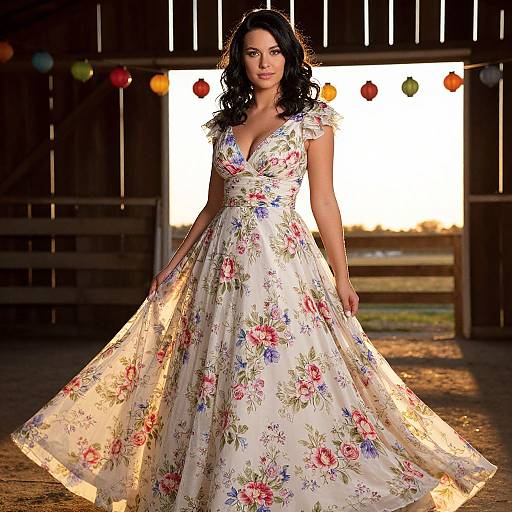 Woman in Floral Dress in Rustic Barn with Sunset Light