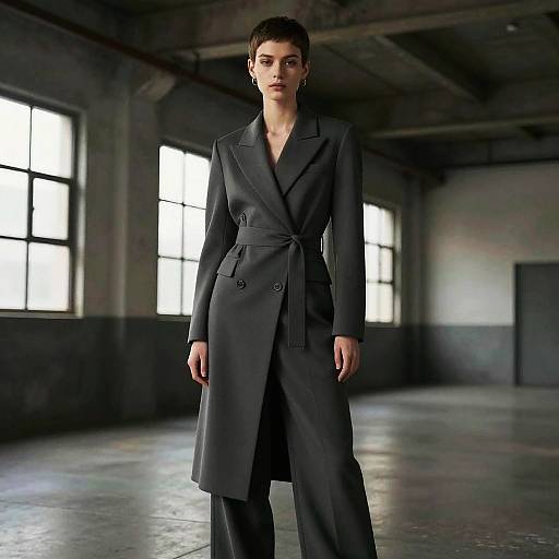 Woman Wearing Dark Gray Belted Long Coat and Trousers in Industrial Setting
