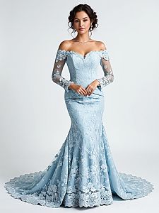 Elegant Woman in Pale Blue Off-The-Shoulder Lace Gown with Mermaid Train
