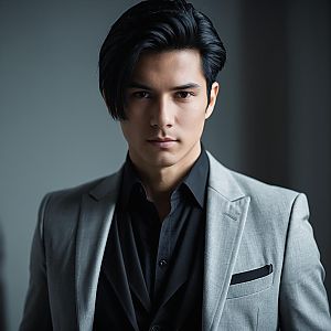 Confident Young Man in Gray Suit with Black Shirt Portrait