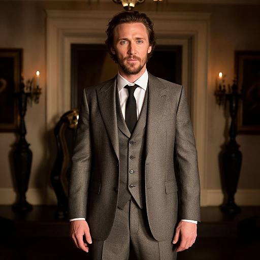 Man in Classic Brown Three-Piece Suit in Elegant Vintage Interior