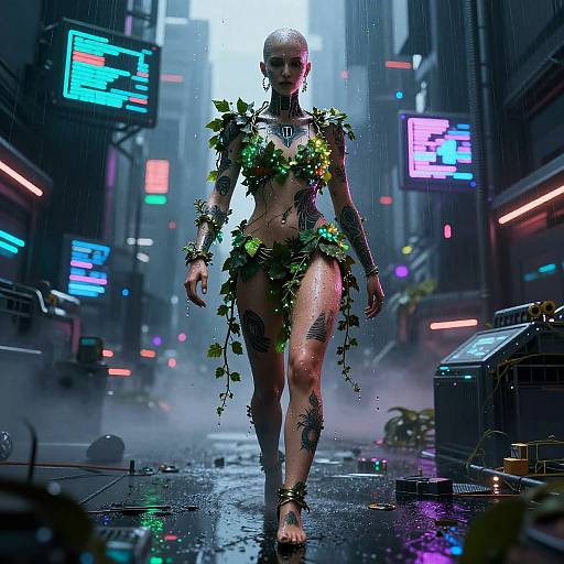 Cyberpunk Woman with Bioluminescent Foliage in Neon Rainy City