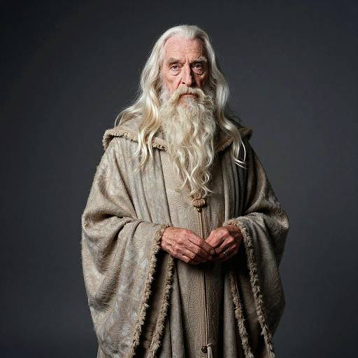 Elderly Man in Medieval Wizard Robe with Long White Hair and Beard