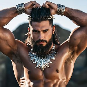 Muscular Man Shirtless Outdoors with Silver Jewelry