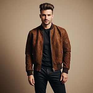 Confident Young Man in Brown Suede Bomber Jacket