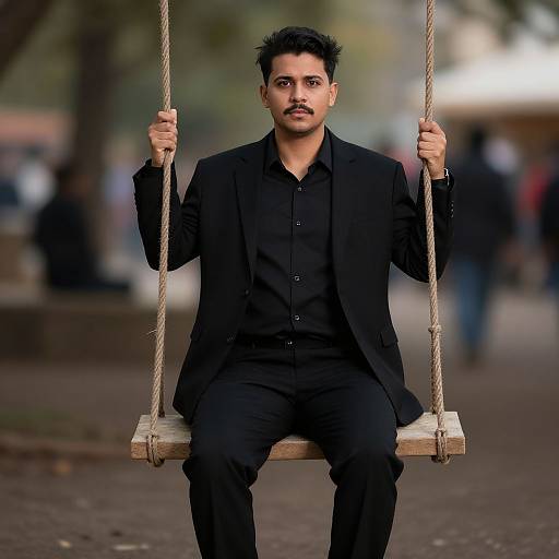 Man in Black Suit Sitting on Wooden Swing Outdoor Portrait