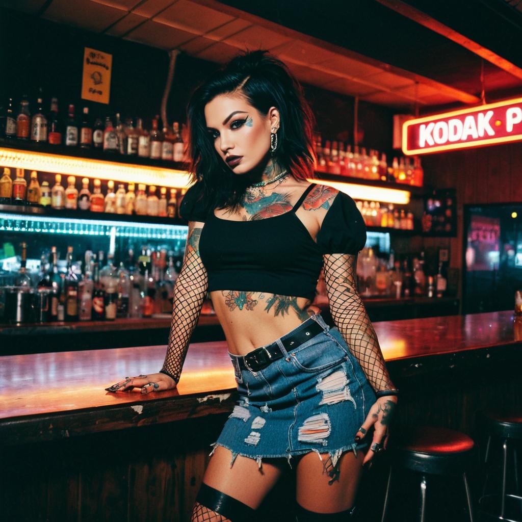 Tattooed Woman in Punk Rock Fashion Posing at Neon Lit Bar