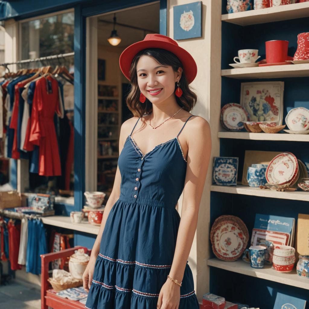 Cheerful Woman in Navy Sundress and Red Fedora by Colorful Storefront