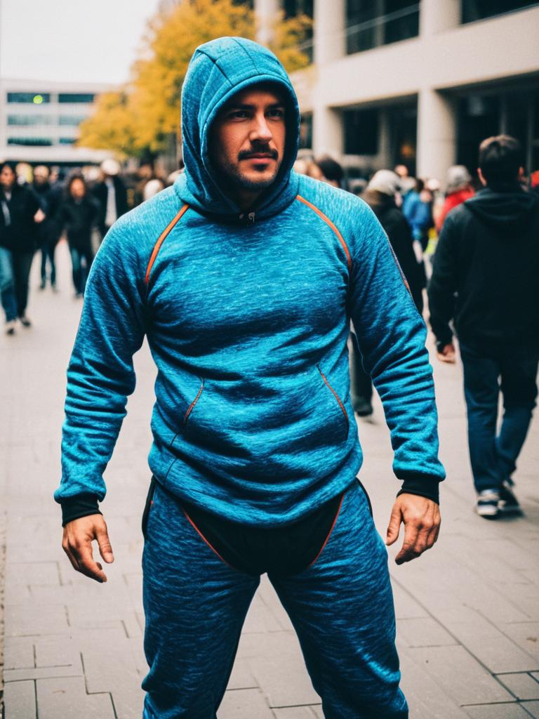 Man in Blue Thermal Underclothes Suit in Urban Setting