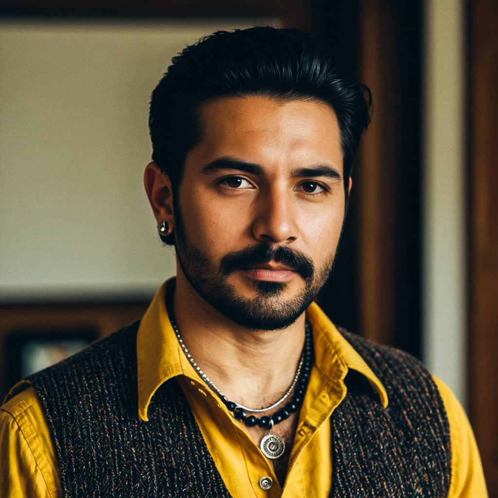 Stylish man in mustard shirt and dark vest