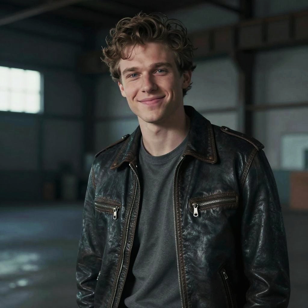 Young Man in Vintage Leather Jacket Smiling Indoor