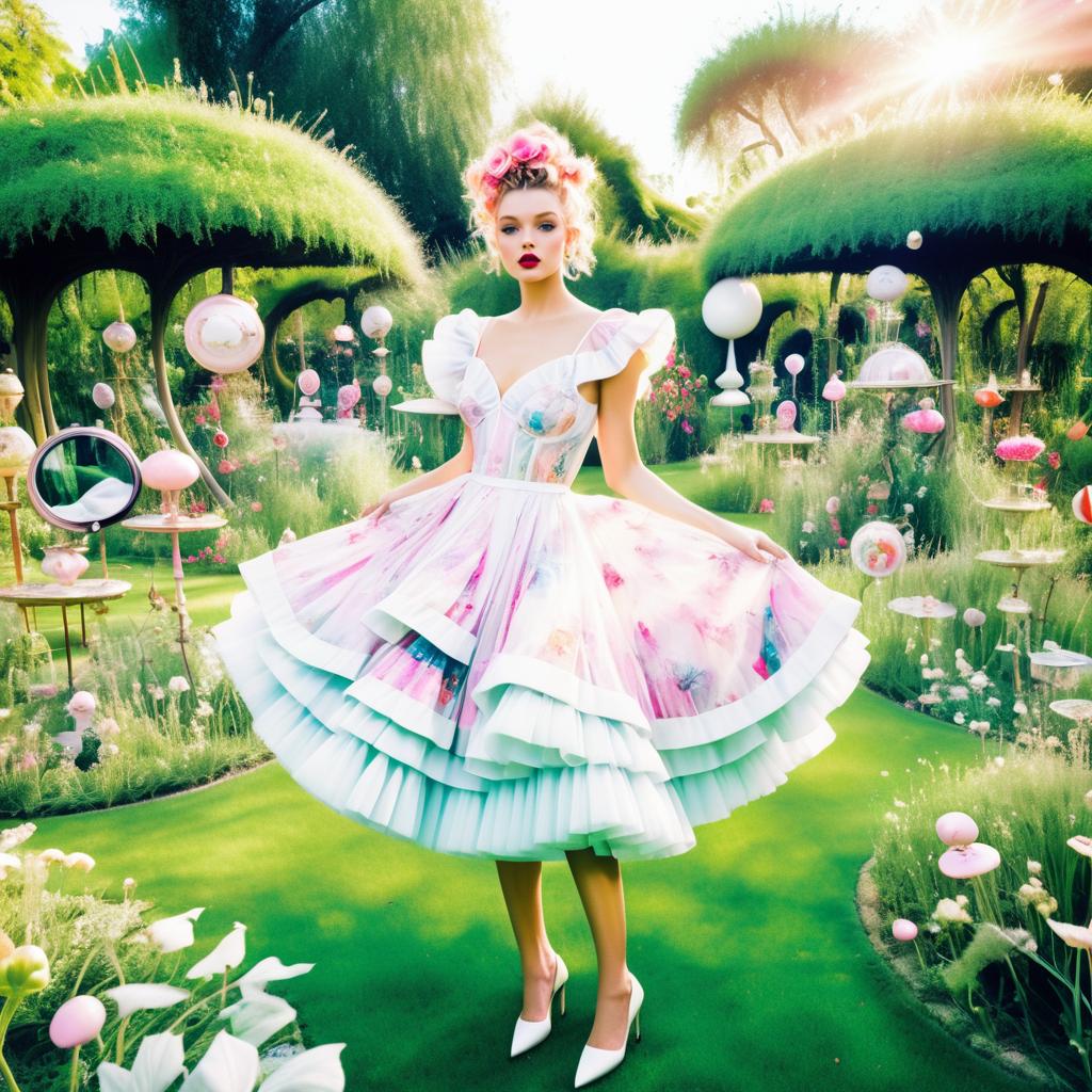 Whimsical Woman in Floral Dress in a Magical Garden