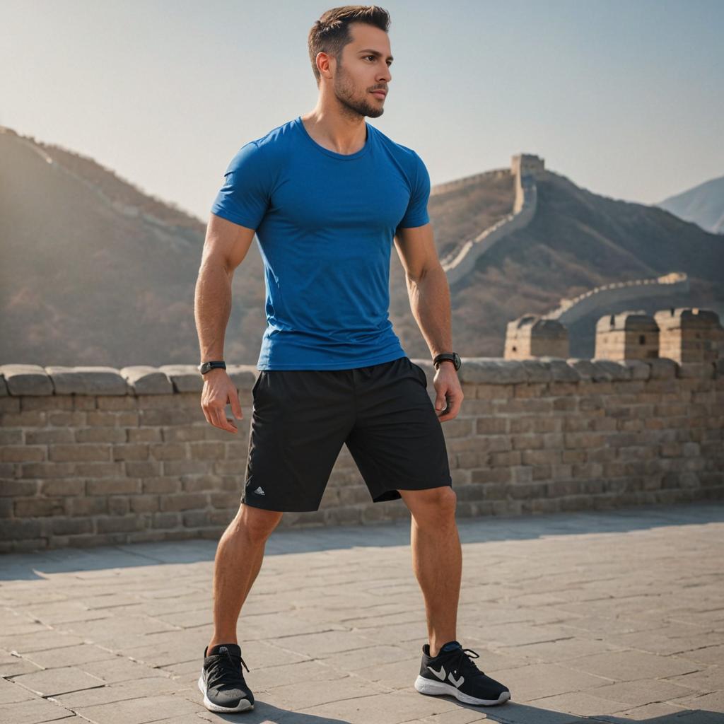 Fit man in active wear at the Great Wall of China