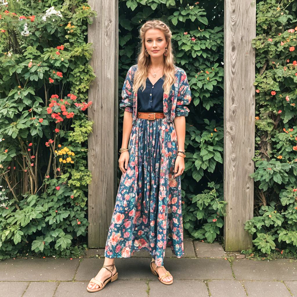 Confident Woman in Floral Maxi Dress Amidst Greenery