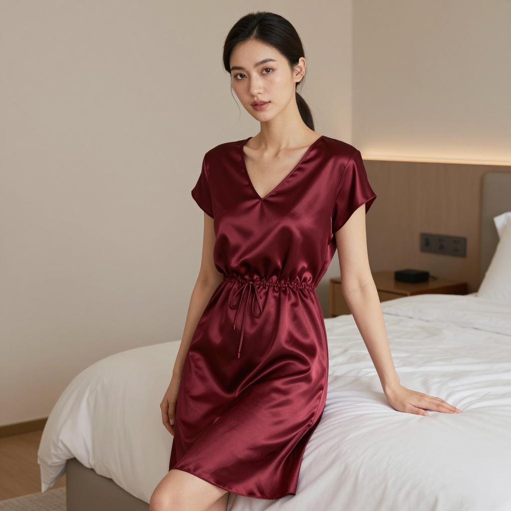 Young Woman in Burgundy Satin Dress Sitting on Bed in Modern Bedroom