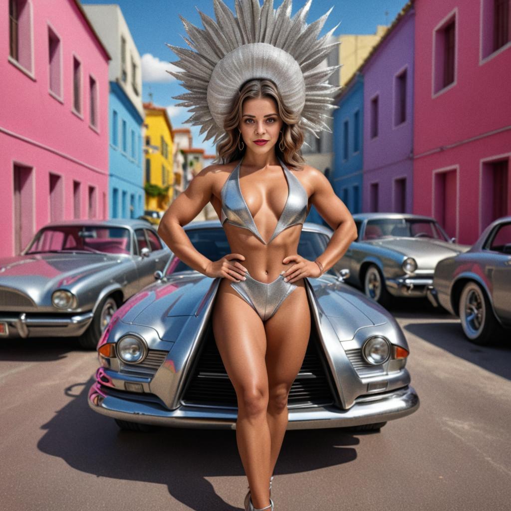 Muscular Woman in Silver Bikini with Vintage Car