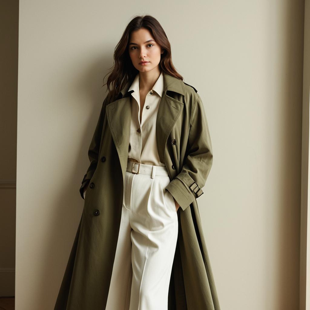 Stylish Woman in Olive Green Trench Coat and White Trousers Fashion Portrait