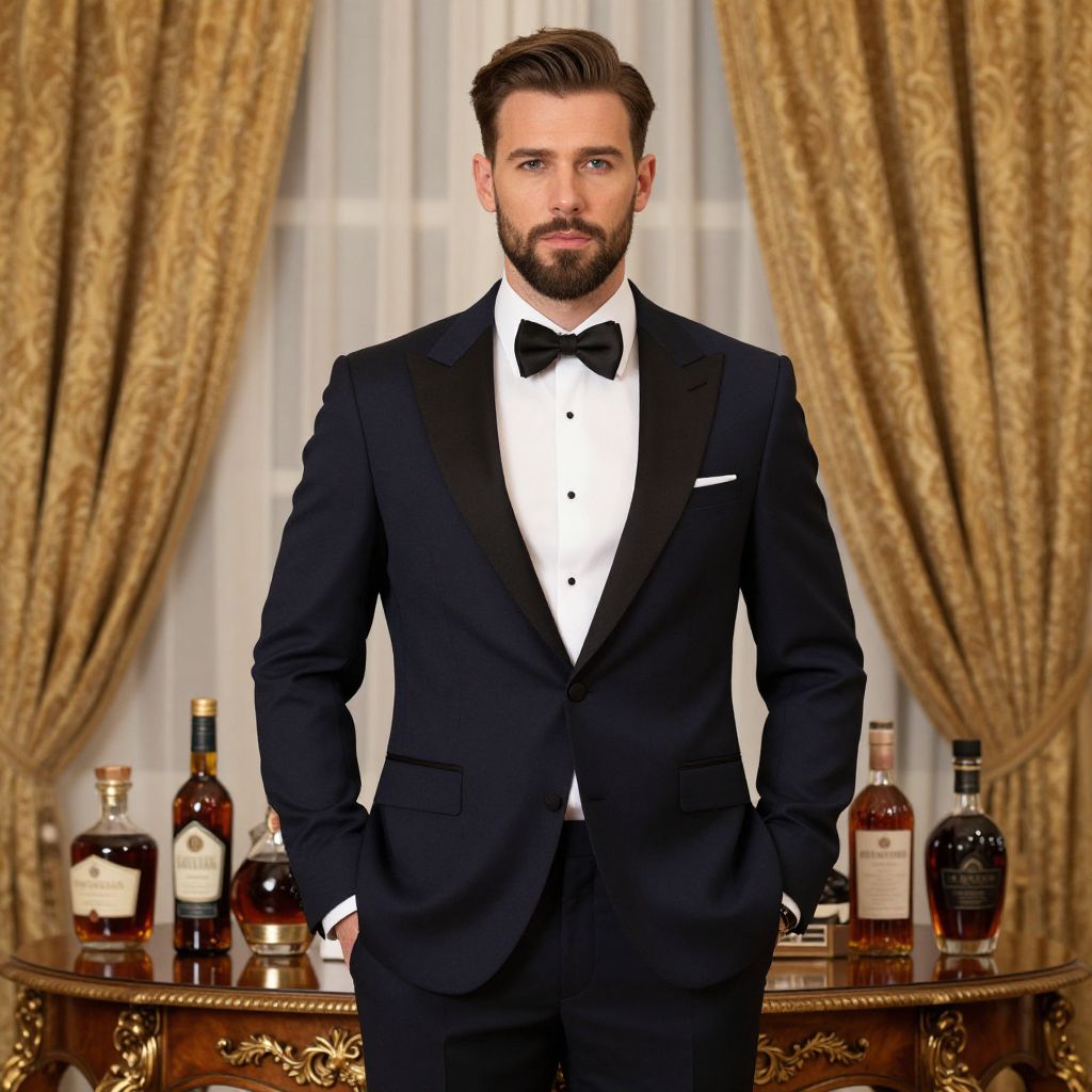 Elegant Man in Black Tuxedo Standing by Ornate Table with Premium Liquor