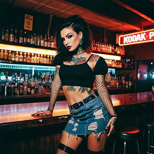 Tattooed Woman in Punk Rock Fashion Posing at Neon Lit Bar