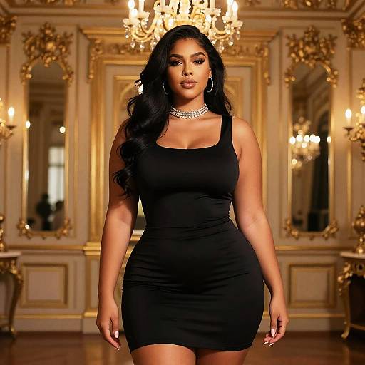 Elegant Woman in Black Dress Posing in Luxurious Gold Room