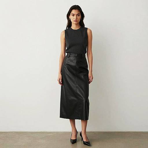 Stylish Woman Wearing Sleeveless Top and Black Leather Midi Skirt