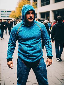 Man in Blue Thermal Underclothes Suit in Urban Setting