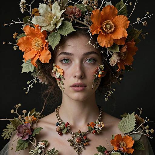 Elegant Woman Wearing Ornate Floral Headpiece and Necklace Closeup