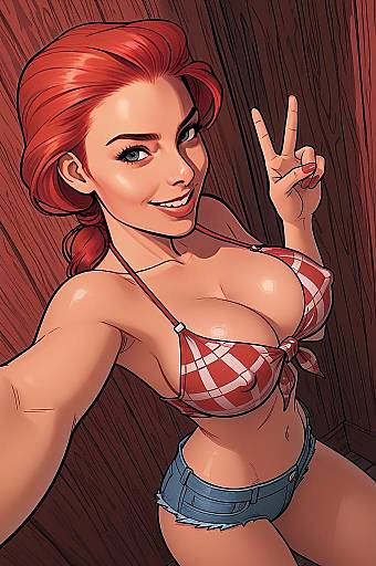 Red-Haired Woman Selfie in Checked Bikini Top and Denim Shorts Comic Art