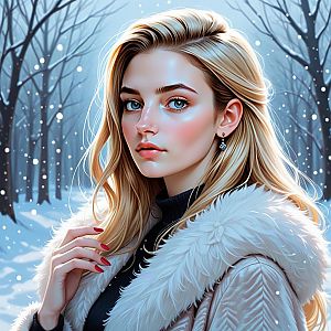 Blonde Woman in Fur Coat Snowy Forest Digital Portrait