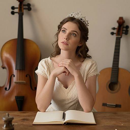 Thoughtful Woman in Vintage Dress with Tiara and Musical Instruments