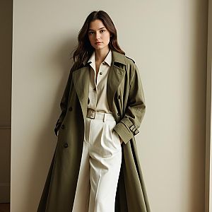 Stylish Woman in Olive Green Trench Coat and White Trousers Fashion Portrait
