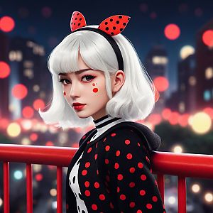 Stylish Woman with Bob Hair and Polka-Dot Makeup in City Lights