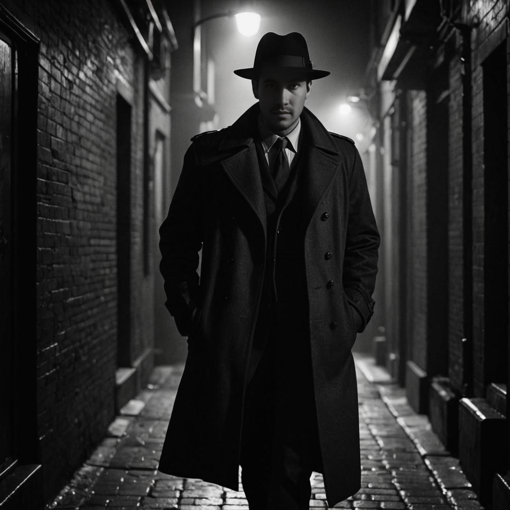 Man in fedora and trench coat with burrito in film noir alley