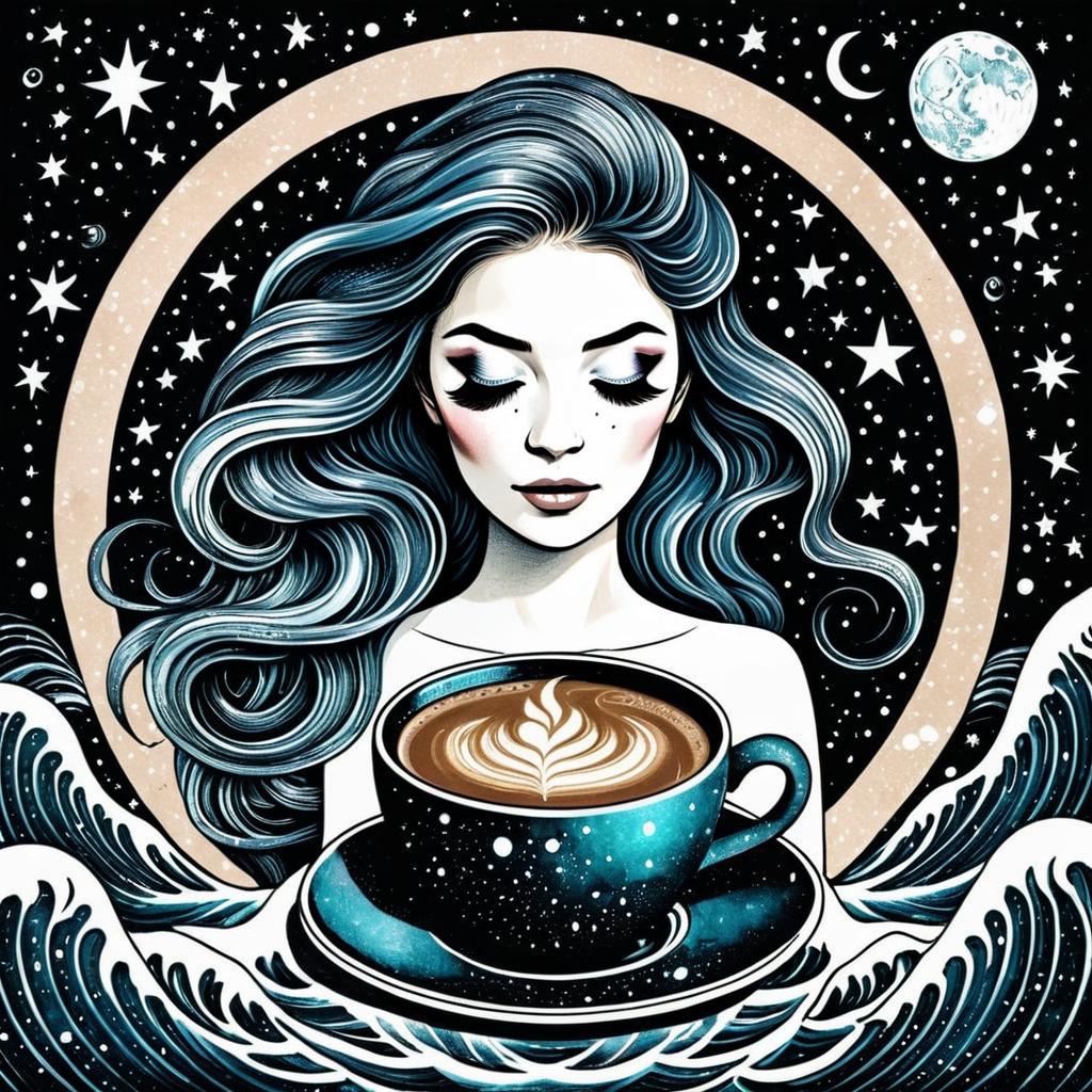 Cosmic Woman with Flowing Hair Holding Latte Coffee Cup Illustration