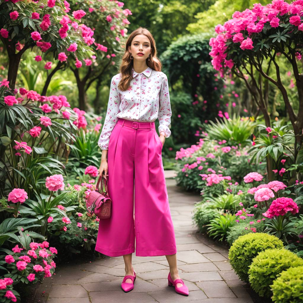 Stylish Woman in Chic Outfit in Vibrant Garden