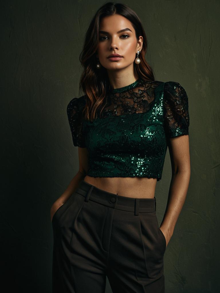 Chic Black Sequined Crop Top with Sheer Lace Short Sleeves on Woman