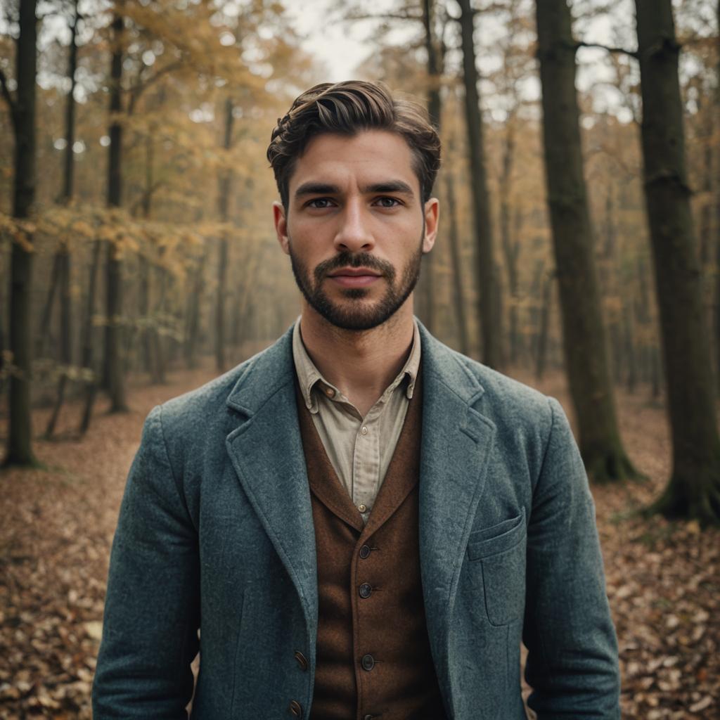 Confident Man in Autumn Forest