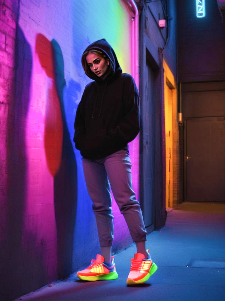 Stylish Woman in Neon Alleyway