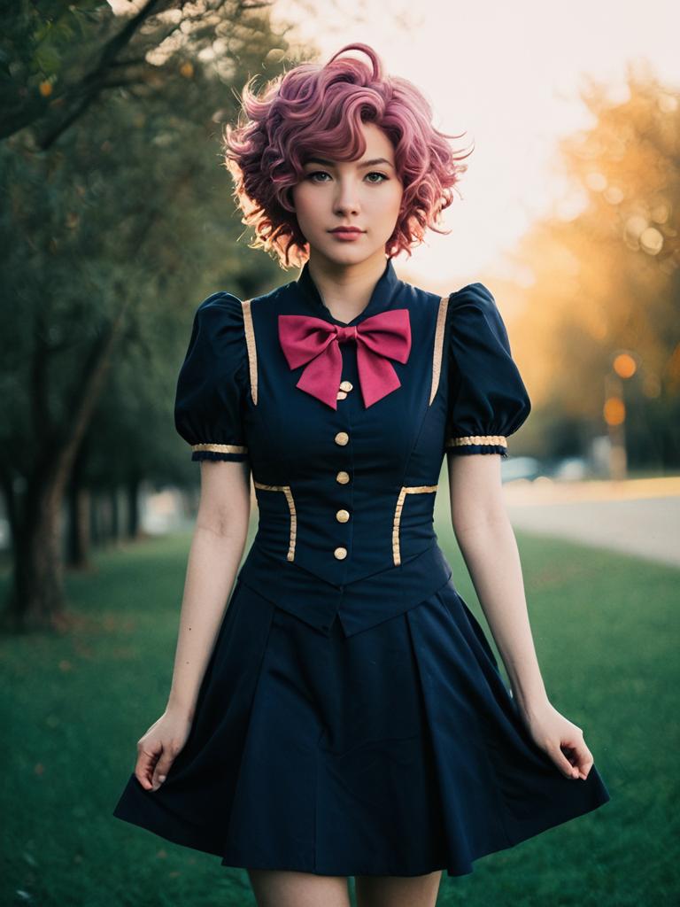 Realistic Mina Ashido Cosplay Woman in Navy Dress with Pink Hair