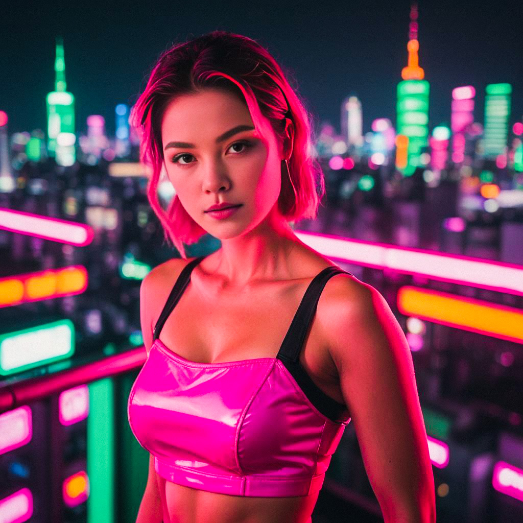 Confident Woman in Cyberpunk Cityscape Confident Woman in Cyberpunk Cityscape