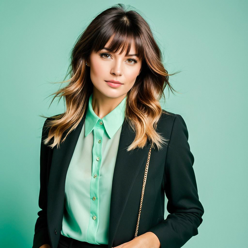 Confident Young Woman in Mint Green Blouse and Black Blazer Confident Young Woman in Mint Green Blouse and Black Blazer