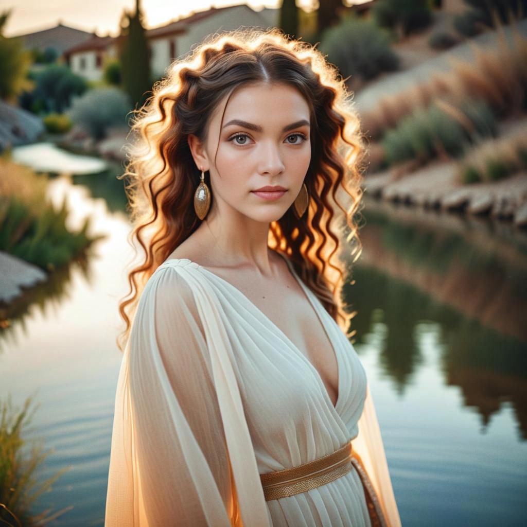 Ethereal Woman in Flowing Gown by Waterside